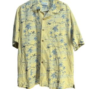 Caribbean Pure Silk Mens Large Yellow Blue Tropical Palm Tree Camp Shirt RN58909